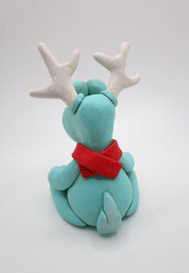 Christmas folk art TEAL reindeer with scarf and cute big red nose