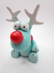 Christmas folk art TEAL reindeer with scarf and cute big red nose