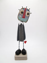 Folk art style man with tin scrap face and heart charm UNIQUE - misc