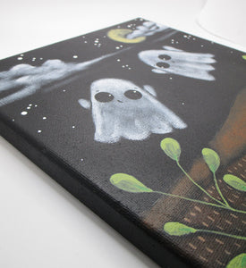 Halloween folk art acrylic painting featuring two cute ghosts