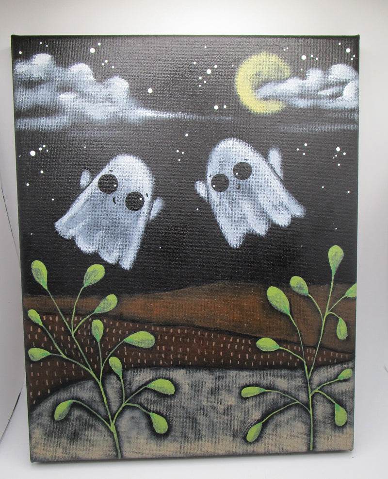 Halloween folk art acrylic painting featuring two cute ghosts