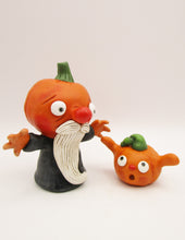 Halloween folk art old man pumpkin and little pumpkin boy