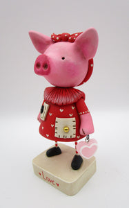 Valentines folk art pig wearing heart dress with pockets and cute charm