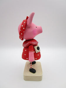 Valentines folk art pig wearing heart dress with pockets and cute charm