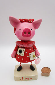 Valentines folk art pig wearing heart dress with pockets and cute charm