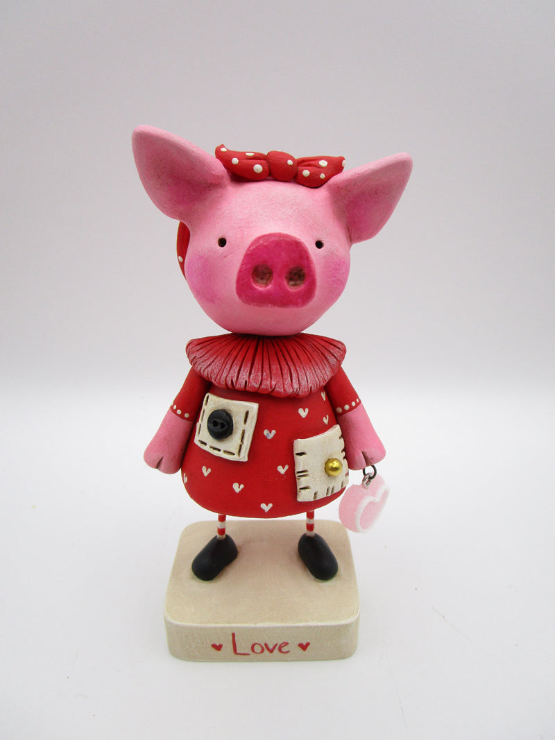 Valentines folk art pig wearing heart dress with pockets and cute charm