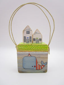 Small wall hanging with whale painting and wood houses MISC summer folk art