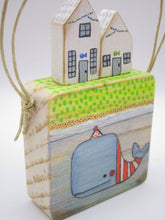 Small wall hanging with whale painting and wood houses MISC summer folk art