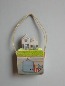 Small wall hanging with whale painting and wood houses MISC summer folk art