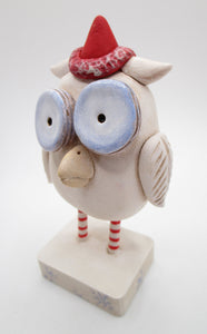 Christmas folk art white OWL with Santa hat
