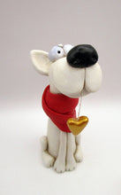 Dog Valentine folk art white dog with scarf and heart charm