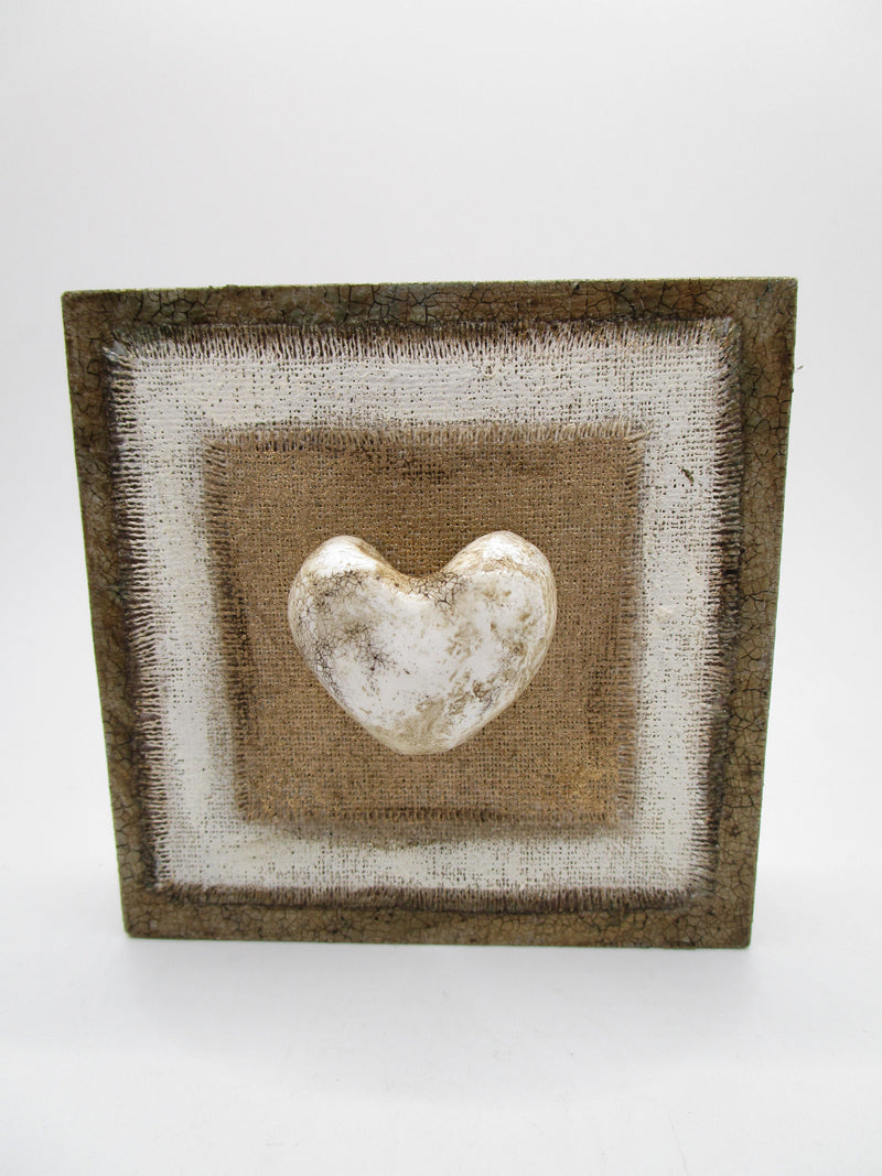Collage style painting with chunky white crackled heart home decor 4 x 4 x 1