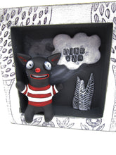 Black cat like character in a 4x4 wood inset frame "wild one" folk art misc