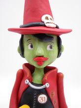 Halloween folk art witch with moon stick and pumpkin bucket