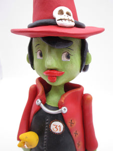 Halloween folk art witch with moon stick and pumpkin bucket