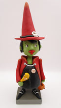 Halloween folk art witch with moon stick and pumpkin bucket