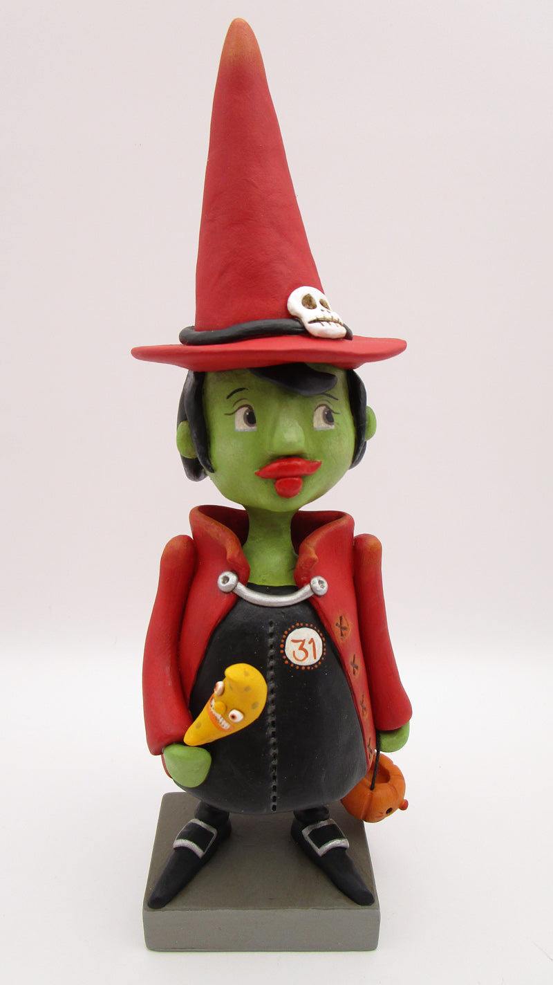 Halloween folk art witch with moon stick and pumpkin bucket