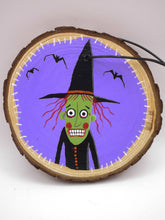 Halloween folk art witch wood round ornament with bats