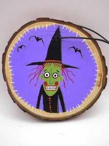 Halloween folk art witch wood round ornament with bats