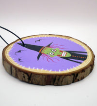 Halloween folk art witch wood round ornament with bats