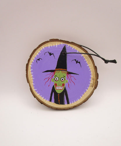 Halloween folk art witch wood round ornament with bats