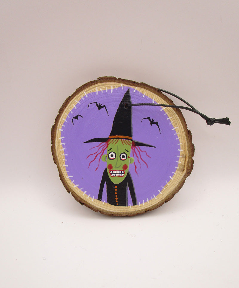 Halloween folk art witch wood round ornament with bats