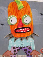 Halloween watercolor collage ACEO size on wood panel pumpkin man fright