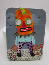 Halloween watercolor collage ACEO size on wood panel pumpkin man fright