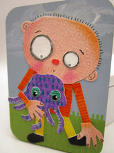 Wood ACEO boy and his pet octopus - watercolor collage- one of a kind, signed
