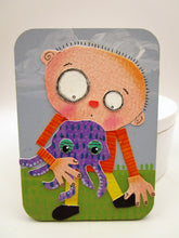 Wood ACEO boy and his pet octopus - watercolor collage- one of a kind, signed