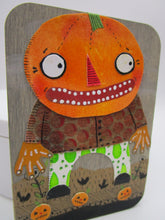 Halloween watercolor collage ACEO size on wood panel pumpkin man CUTE