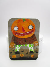 Halloween watercolor collage ACEO size on wood panel pumpkin man CUTE