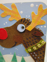 Wood ACEO REINDEER character watercolor collage - one of a kind, signed