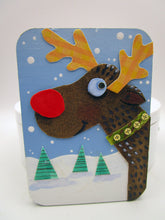 Wood ACEO REINDEER character watercolor collage - one of a kind, signed