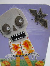Halloween watercolor collage ACEO size on wood panel skeleton fright