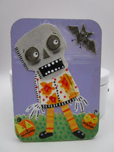 Halloween watercolor collage ACEO size on wood panel skeleton fright