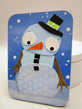 Christmas wood ACEO snowman watercolor collage - one of a kind, signed