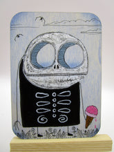 NEW wood art card Halloween skeleton man hollow eyes and ice cream