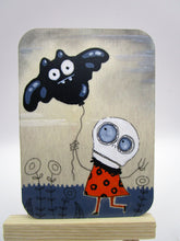 NEW wood art card Halloween skeleton man and bat balloon painting