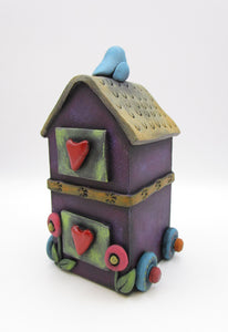 Summer folk art WOOD house with clay accents - on wheels