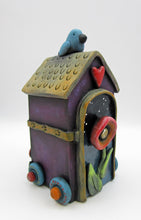 Summer folk art WOOD house with clay accents - on wheels