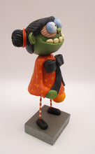 Halloween folk art GIRL zombie with hair buns and cotton spun charm