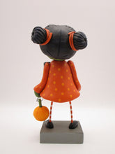 Halloween folk art GIRL zombie with hair buns and cotton spun charm