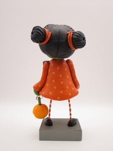 Halloween folk art GIRL zombie with hair buns and cotton spun charm