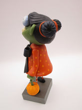 Halloween folk art GIRL zombie with hair buns and cotton spun charm
