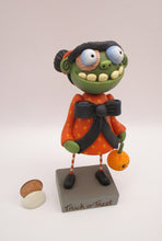 Halloween folk art GIRL zombie with hair buns and cotton spun charm