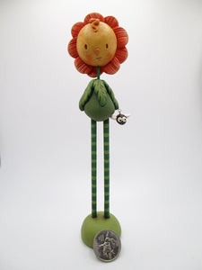 Spring folk art FLOWER girl with tiny bee charm and wood legs - Easter