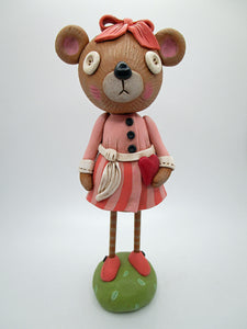 Valentine BEAR tall with button eyes and dress with wooden legs