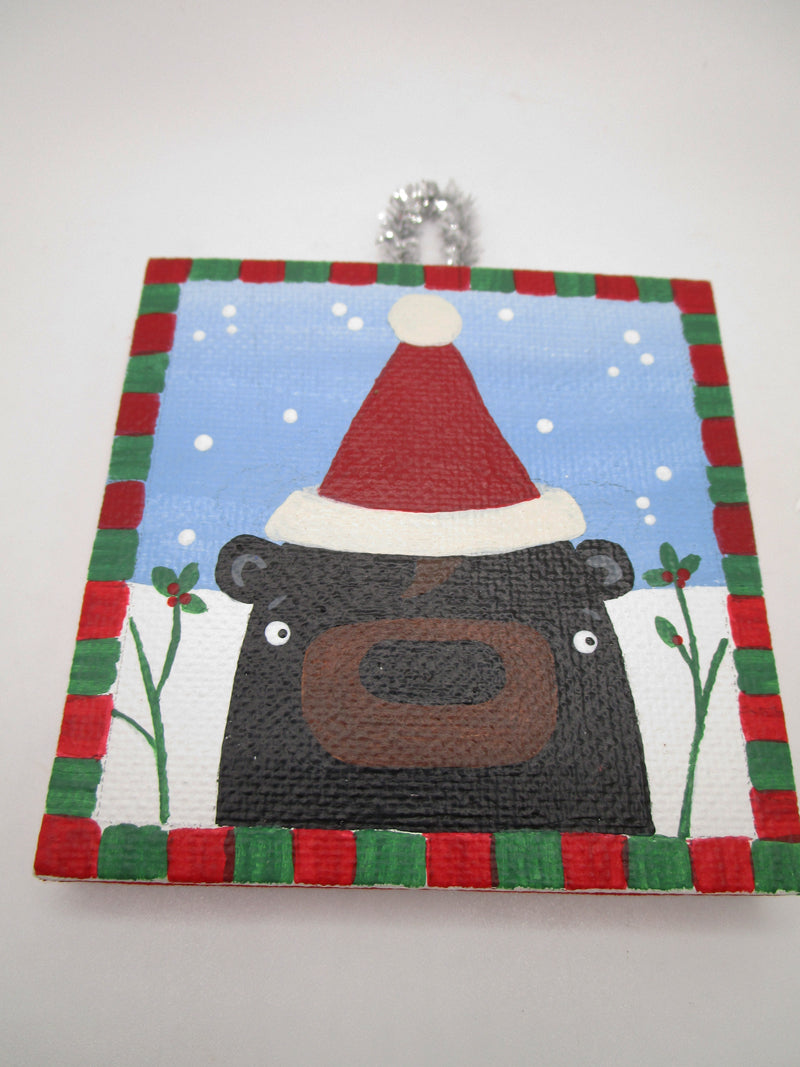 Christmas painted canvas BEAR ornament ready to hang on your tree