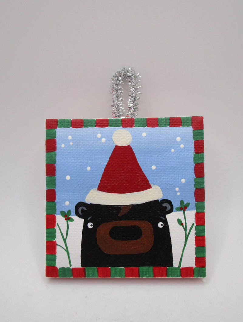 Christmas painted canvas BEAR ornament ready to hang on your tree